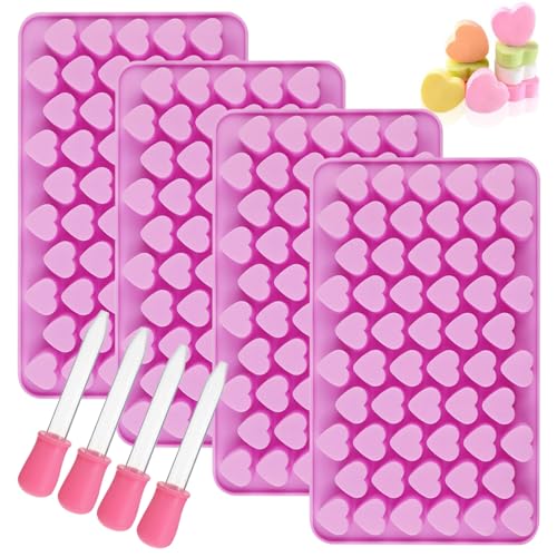 Moules à Chocolat en Silicone, 4 Pièces Moule Bonbon Forme de Coeur Livré 4 Compte-Gouttes, Anti-adhésif Moule Silicone Patisserie pour Gelée, Chocolat,...