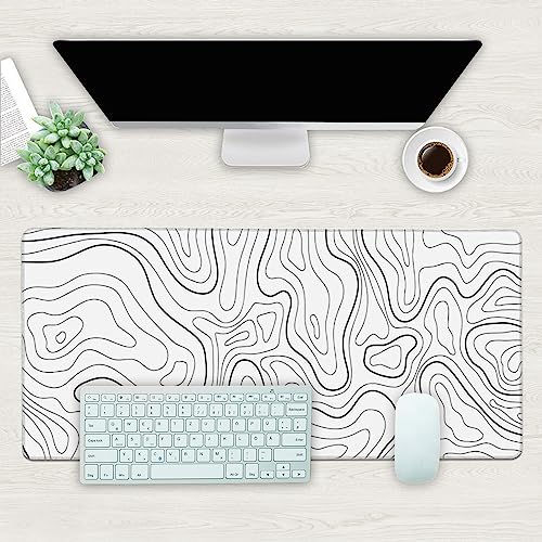 Desk Mat, White Topographic Contour Map Extended Gaming Mouse Pad Large, 35.4"X15.7" Big Mouse Pad With Non-Slip Base And Stitched Edge, Long Computer Keyboard Mouse Mat For Home Office Work #TOP1