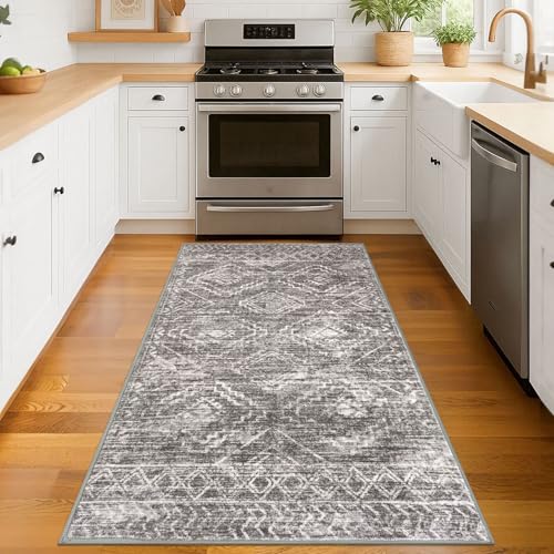 KILOCOCO Boho Entryway Rug 3x5 Area Rug Washable Non Slip Throw Rugs Soft for Kitchen Living Room Dining Bedroom Geometric Moroccan Carpet, Taupe