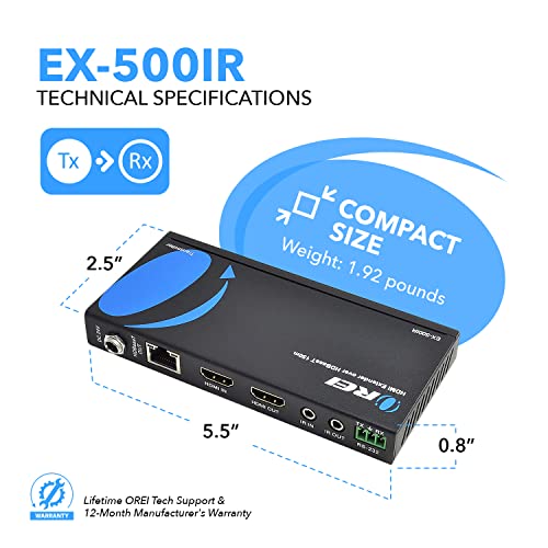 Image of OREI HDMI Extender Over Ethernet CAT5e /CAT6 Power Over Cable - HDBaseT - Zero Latency - 1080P Upto 500 Feet -IR Signal
