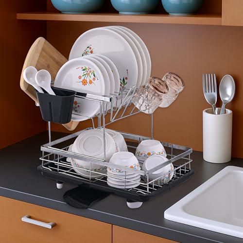 Image of Kuber Industries Stainless Steel 2-Tier Kitchen Dish Drainer Rack with Removable Drain Board | Dishwash Organizer | Utensils Drying Rack with Drainer Tray | Vessel /Bartan Stand for Sink | Black