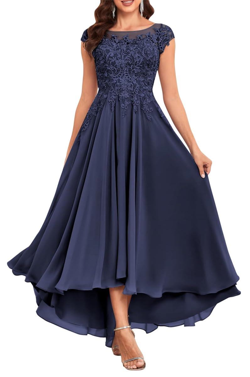 Kurface Women's Navy Blue Mother Of The Groom Dresses For Wedding Tea Length Petite Lace Appliques Chiffon Prom Formal Gowns Uk16