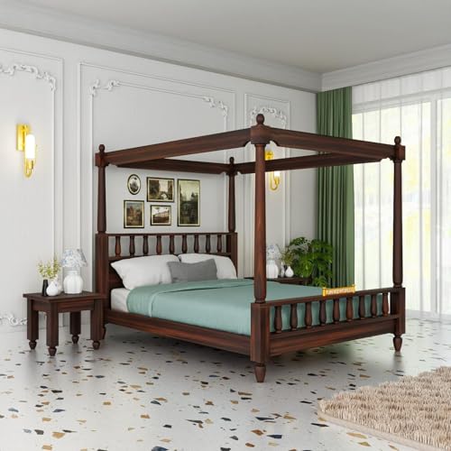 Image of Poster Bed Solid Sheesham Wood Queen Size Bed for Bedroom, Wooden Double Bed, Cot Bed Furniture 1 Year Warrenty (Walnut)
