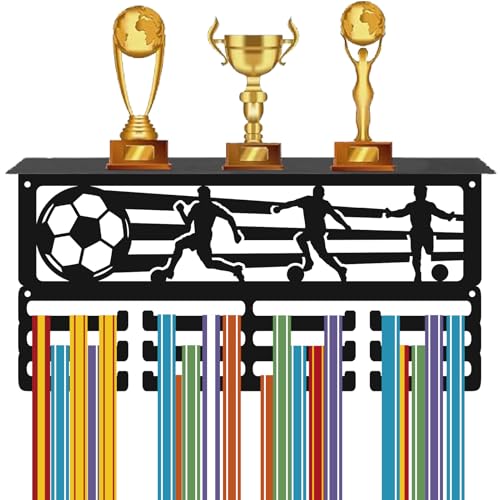 CREATCABIN Porta Medallas de Fútbol con Estante para Trofeos Estantes de Exhibición de Premios 3 fila 12 ganchos Placas de Premios Deportivos de Fútbol Cintas Organizador de Perchas Estante 40x20x10cm