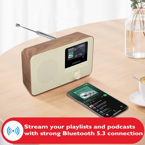 Image of LeMega IR1 Internet Radio, Podcasts, Bluetooth, FM, Walnut | Alarm clock, full colour display, mains or AA battery, compact kitchen radio, snooze, sleep timer, 40 presets