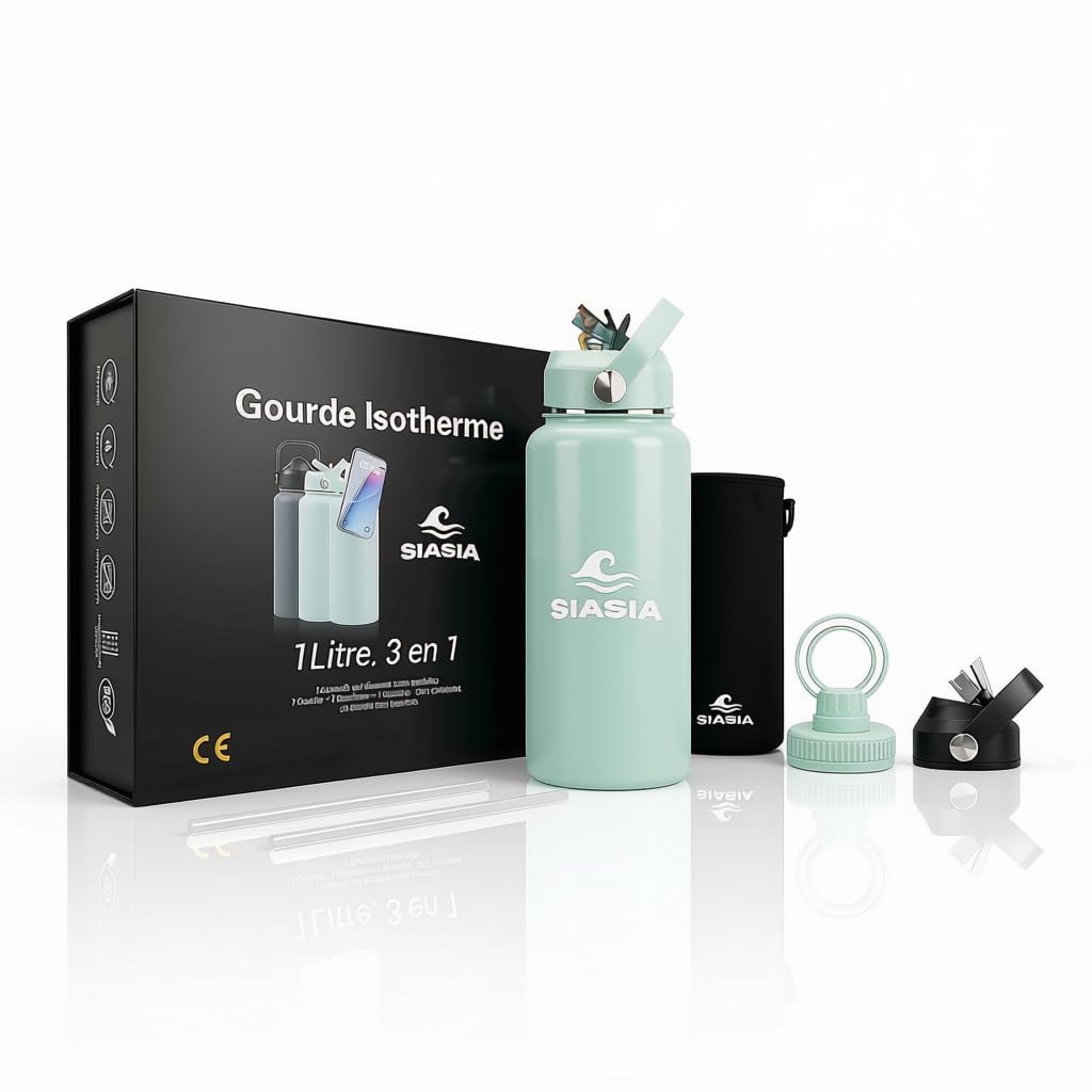 SIASIA Coffret Gourde Isotherme 1L Inox Sans BPA Support Magnétique Bleue Ciel
