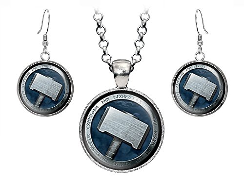 Wearable Treasures Thor Hammer Necklace, The Avengers Captain America Necklace Jewelry Set, Loki Hammer Pendant, Superhero Earrings Gifts Gift, Geek Geeky Present Nerd Nerdy Presents