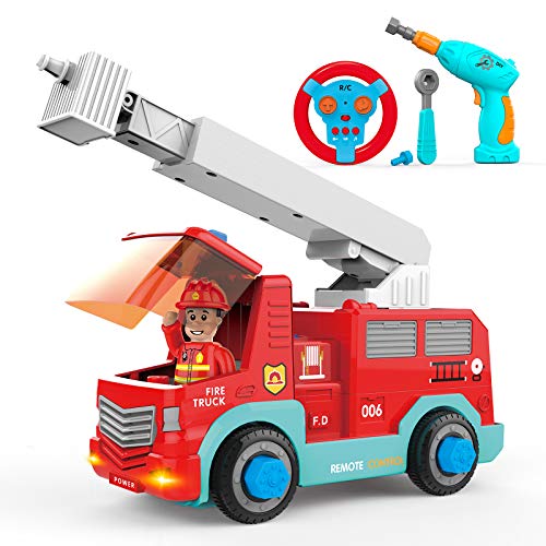 SGILE RC Camião de bombeiros - 2,4 Ghz carro desmontável para crianças com 3 som, luz, broca elétrica e chave inglesa, veículo de construção de brinquedo para pequenos