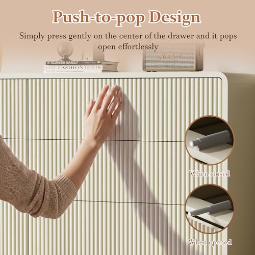 Image of Furniway Bedroom Dresser Set 3 Piece, 6 Drawer Curved Dresser with 2 Nightstands, Modern Fluted Wood Storage Cabinet, White Chest of Drawers with Pop-Up Design, Beige