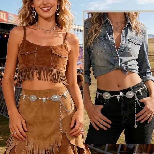 Image of WHIPPY Western Metal Concho Belt for Women Vintage Cowgirl Boho Turquoise Chain Belts for Dresses Jeans