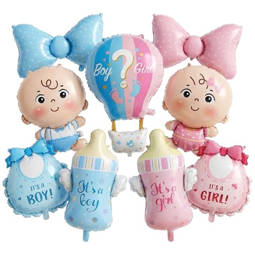 9 Ballons Aluminium Décoration Révélation Genre Bébé Bleu Rose Ensemble Ballons Forme Garçon Fille Biberon Nœud Montgolfière Bavoir pour Baby Shower...