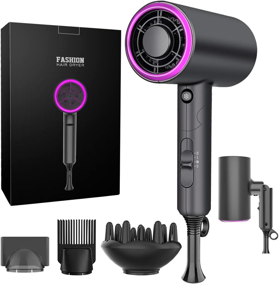 1800W Ionic Hair Dryer, Professional Salon Hair Blow Dryer, 3 Heating/2 Speed/Cold Settings Blow Dryer with 2 Concentrator, 1 Diffuser Foldable Hair Dryer For Home Salon Travel