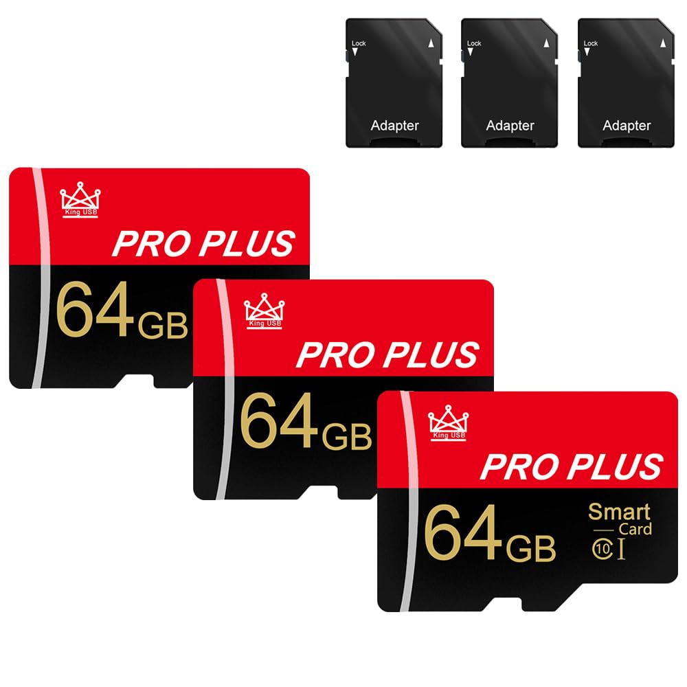 3 Pack Memory Cards 64 GB with Adapter, High Speed Memory Card, UHS-I C10 A1 Memory TF Card for Tablet/Mobile Phone/Camera/Car Audio/Game Console (TF295 64GB-3 Pack)