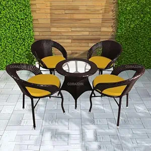 CORAZZIN Rattan Wicker Garden Patio Seating Chair and Table Set for Outdoor Balcony Garden Coffee Table Set Furniture with 1 Table and 4 Chairs with Yellow Cushion (Brown)