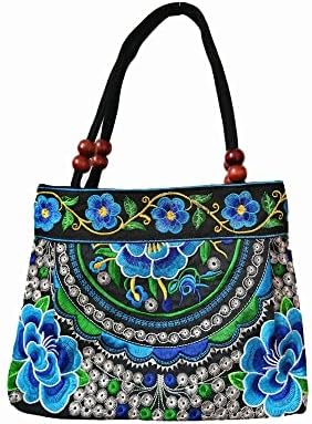Embroidered Women Floral Handbags Embroidery Purse Vintage Hobo Tote Bag Ethnic Shoulder Bag Blue (classic flower style)
