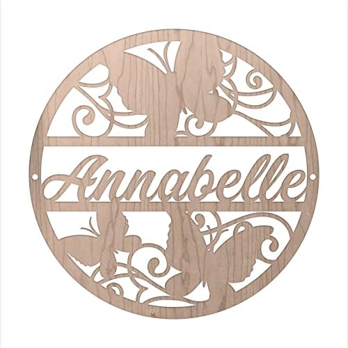 Print Maniacs Personalised Any name Custom Wood Colour Hoop Acrylic Wreath Circle Loop Baby Room Nursery Birthday Christmas Wedding Party Wall Decor Plaque Butterfly (20cm, MDF)