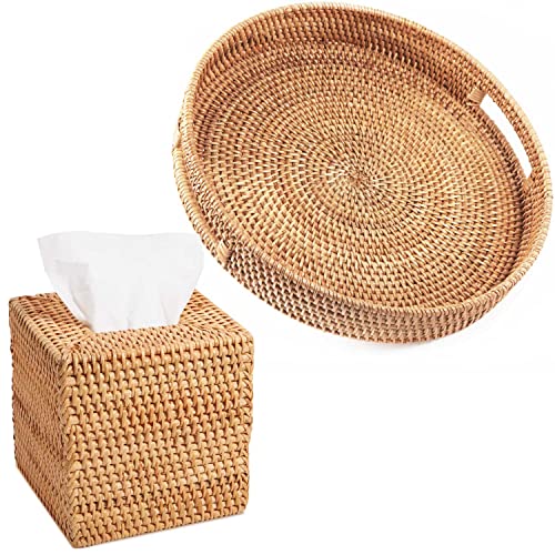 Livelab Rattan Tissue Box Cover, Square Hand Woven Natural Wicker Tissue Box Holder + Rattan Tray, Hand Woven Tray Round Basket Tray With Cut - Out Handles, Fruit/Bread Serving Round Wicker Tray #TOP11