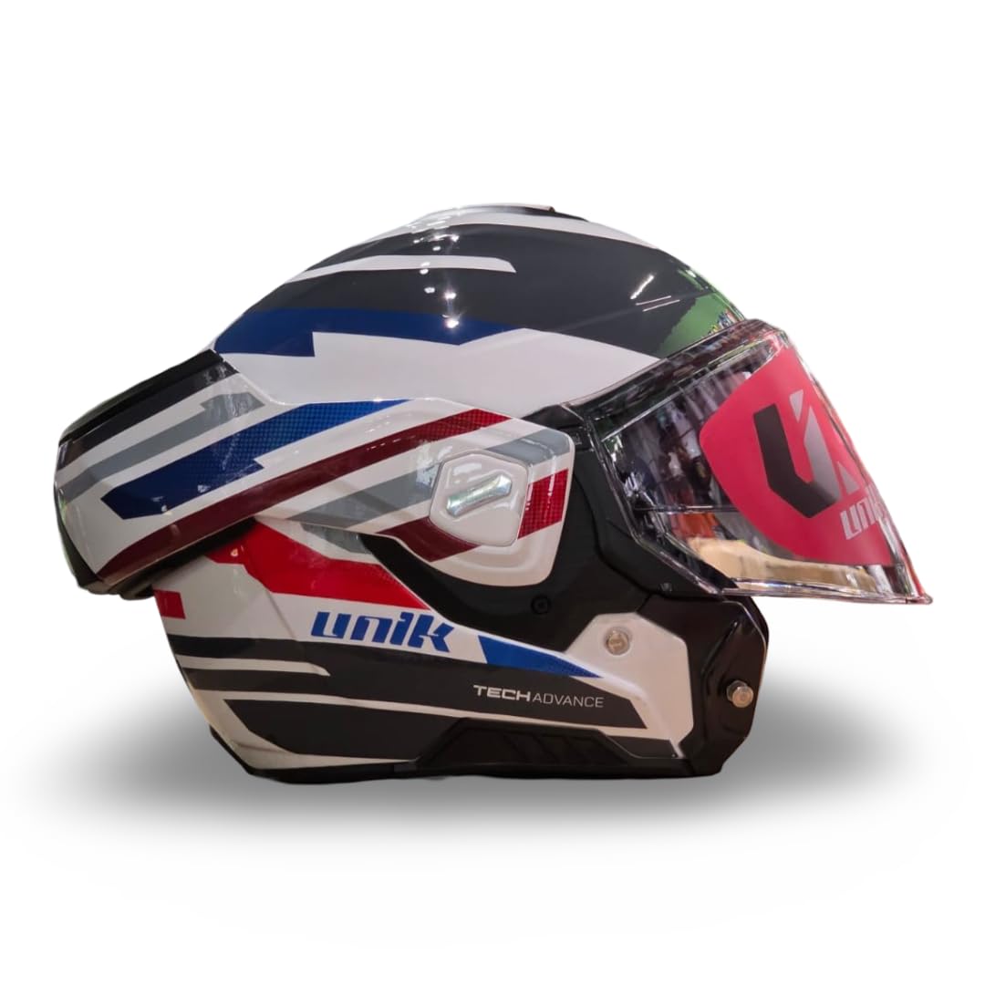 unik Casco Modular Abatible 180 Spectrum Moto Adultos Visera Solar Doble Policarbonato 2 Calotas Ventilación Frontal Trasera Cierre Micrométrico - Blanco Roj Azul , Talla M