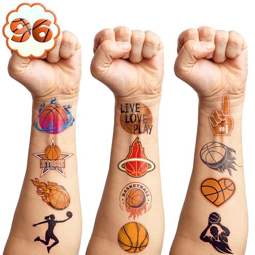 Pre-Cut Basketball Temporary Tattoos - Olympic MVP Sports Game -Themed Stickers for Kids' Birthday Party Supplies, Decorations, Favors, and Prizes - Cute Gifts for Boys and Girls