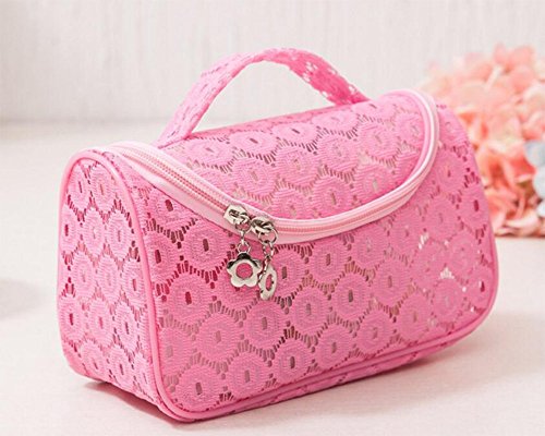 HOYOFO Lace Toiletry Organizer Travel Makeup Cosmetic Bag with Brush Holders,Pink