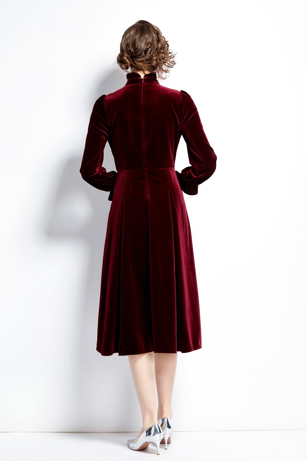 Abito Elasticizzato in Velluto a Maniche Lunghe Donna, Elegante Monopetto con Collo alla Coreana, Longuette a Trapezio per Feste di Natale alla Moda, Wine Red, XXL
