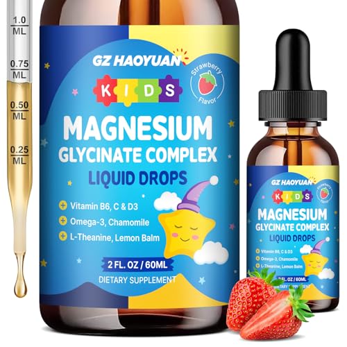 Kids Magnesium Glycinate Liquid Drops with L-Theanine Omega-3 Vitamins B6 & D3 Zinc & Calcium for Sleep Support Relaxation Focus & Brain Bones Strawberry Flavor 2 Fl Oz