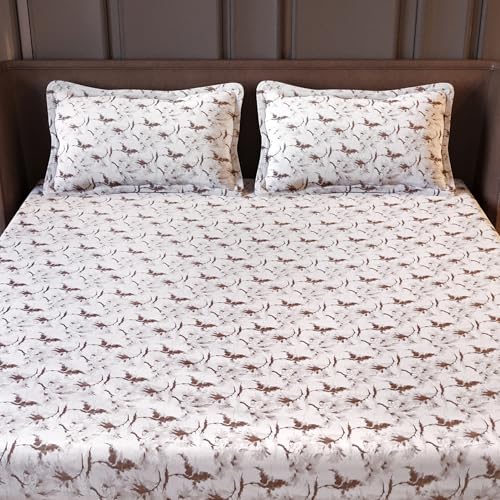 Image of Divine Casa Cotton King Size Bedsheet | 210 TC Pigment Twill Satin Bed Sheet with 2 Pillow Covers | Soft Breathable Bedsheet for King Size Bed | 275 x 275 cm (Off White, Floral)