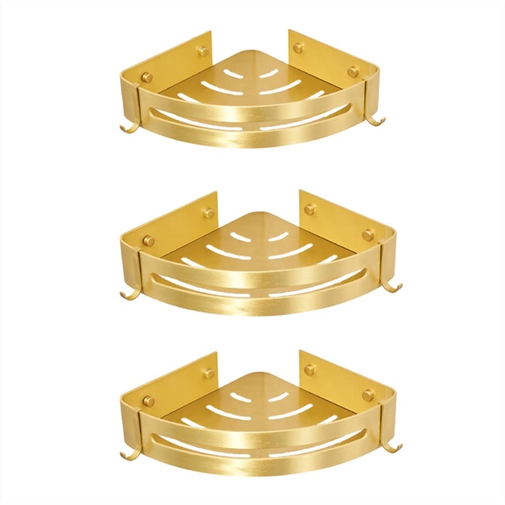 ANNBKA Shower Shelf Racks Aluminum Bathroom Shelf with Hooks Rectangle Kitchen Bathroom Brushed Gold Storage Organizer Rack Holder