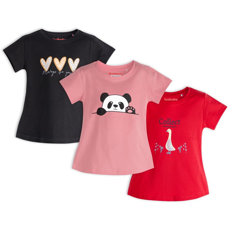 Image of Real Basics Cotton Regular Fit Half Sleeve Cotton T-Shirts for Girls - Round Neck Tops for Girl, Multicolor - Pack of 3