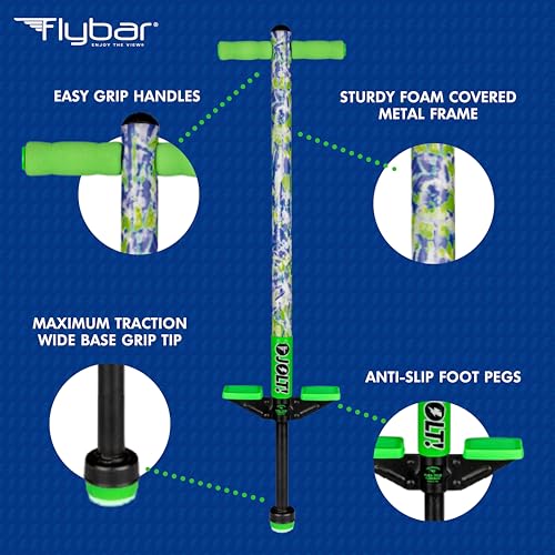 Image of Flybar Jolt Pogo Stick for Kids, Perfect for Beginners w / Foam-Covered Metal Frame, Handles & Padding, Non-Slip Foot Pads, Wide Tip, Outdoor Active Play Toy for Boys & Girls, Ages 6+, Green Tie Dye