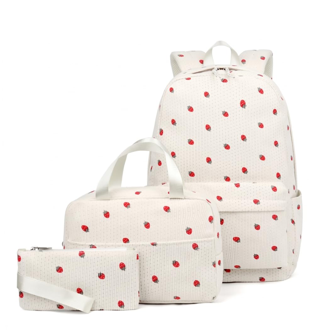 Set di 3 zaini con fragole, zaino per ragazze con portapranzo, borsa per libri in velluto a coste con fragole per la scuola, adatto per laptop da 15, 6 pollici. Bianco.
