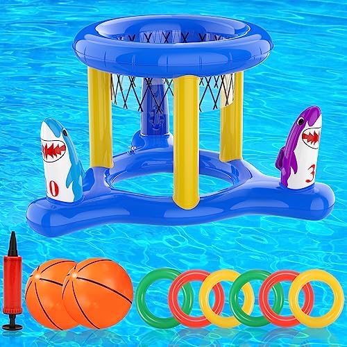 Pool Floats Toys Games Set, 2-in-1 Ring Toss & Basketball Hoops Games for Kids Teens & Adults Swimming Pool Pool Lake Ocean Backyard Parties Water Game (Blue)