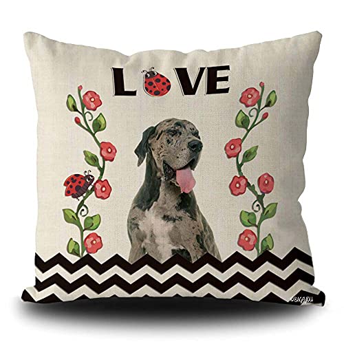 Bageyou My Love Ladybugs And Dog Throw Pillow Cover Lovely Great Dane Rustic Floral Vine Wave Stripe Spring Farmhouse Decor Home Couch Cushion Pillowcase 16X16 Inch Square #TOP12