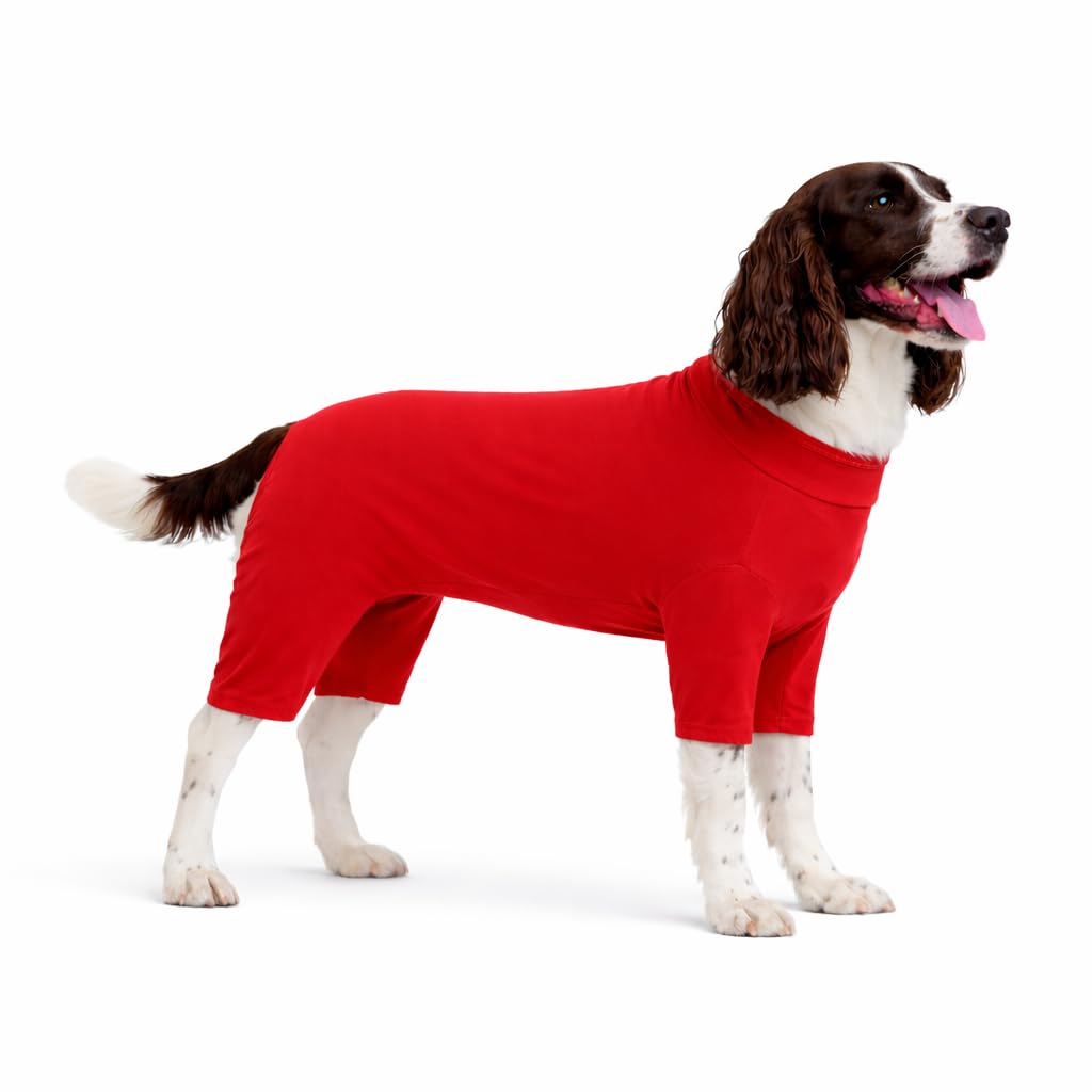 Lovelonglong Dog Full Bodysuit – Stretchy Yoga Fabric 4-Leg Dog Pajamas, Breathable & Lightweight Dog Onesie for Indoor & Outdoor, Shedding Control & Travel Wear Red 2XL