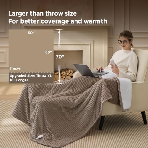Image of Bedsure Ribbed Heated Blanket Throw XL, Brown Electric Blanket, Preheat