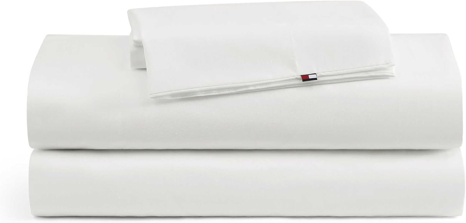 Tommy Hilfiger - Queen Bed Sheets, Moisture-Wicking Cotton Bedding with Matching Pillowcase, Lightweight Bed Set, Deep Pockets, Oeko-Tex Certified (Performance Cooling White)