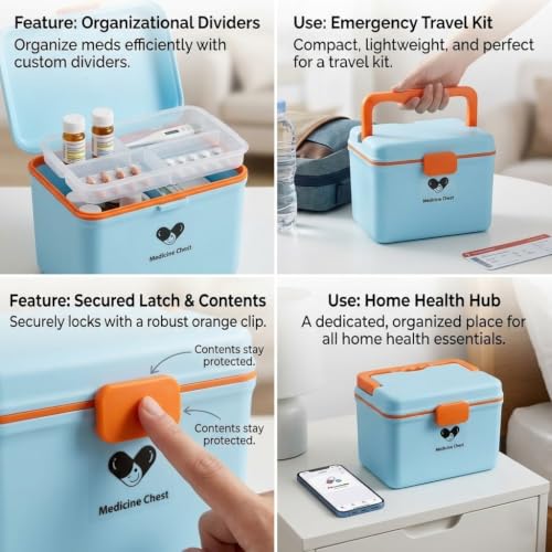 Image of HomeCloud Plastic First Aid Box with Tight Lock Mechanism & Convenient Handle | Multi-Purpose Medicine Storage Organizer for Medicines, Bandages, Ointments & Medical Tools (Dark Blue)