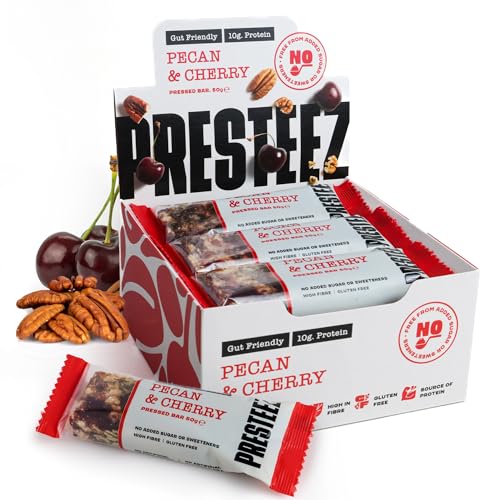 Presteez Pecan & Cherry Gut Friendly 50g Energy Bars - No Added Sugar or Sweeteners, Gluten Free, High Fibre, Protein Enhanced Healthy Snacks with Prebiotics, Fibre & Vitamin C, 10g Protein, 12 Pack