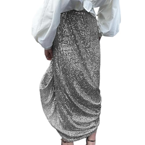 Elegant Sparkling Sequins Stretchy Long Skirt for Women Elastic High Waist A Line Skirt for Formal Parties and Night Out Dark Green4