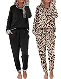 Ekouaer 2 Pack Womens Pajama Sets Long Sleeve Lounge Sets Soft Pj Sleepwear Loungewear Black & Leopard Medium
