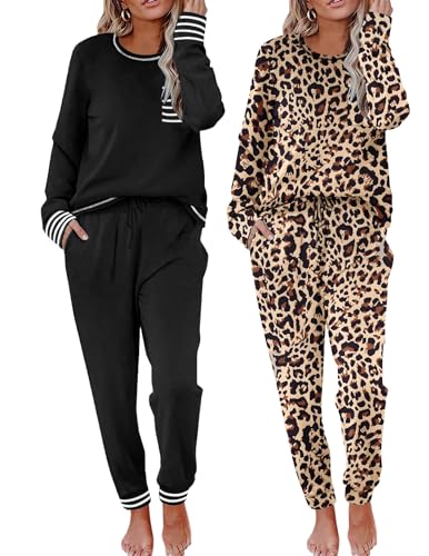 Image of Ekouaer 2 Pack Womens Pajama Sets Long Sleeve Lounge Sets Soft Pj Sleepwear Loungewear