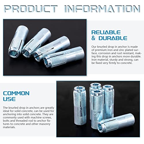 Cimeton 8Pcs 1/2'' Premium Iron Concrete Knurled Drop In Anchors Set, Zinc Plated Surface Expansion Drop-In Anchors For Solid Concrete (1/2Inch) #TOP3