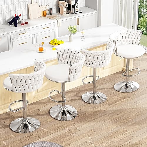 Image of AWQM Velvet Bar Stool Set of 2, Counter Height Barstools with Adjustable Swivel Chairs, Upholstered Bar Chairs with Back & Footrest, Beige
