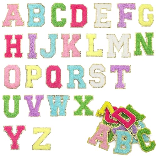 ATTEEFI 26 Piezas Letras Adhesivas para Tela, Colores Pegatinas Letras Adhesivas, A-Z Parches Bordados Personalizados, con Borde de Lentejuelas Doradas, para Ropa, Bolsos y Mochilas