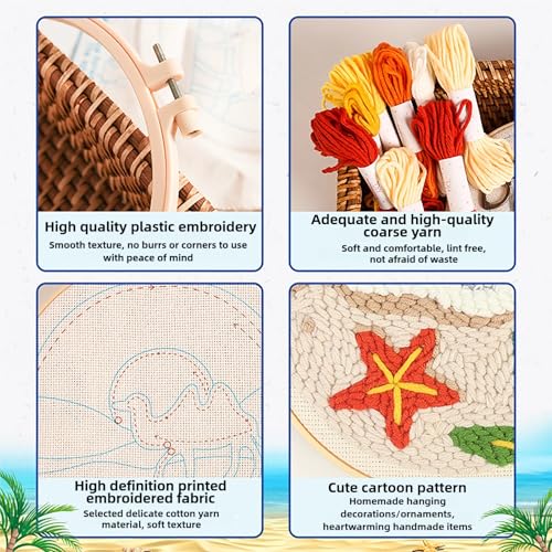 Image of PATPAT Cotton PATPAT 20x20CM DIY Tufting Art Craft Kit Cute Summer Beach Punch Needle Kit Embroidery for Beginners DIY Hoop Embroidery with Punch Needles,Hoop,Art Gift for Kids Adults., Multi Color