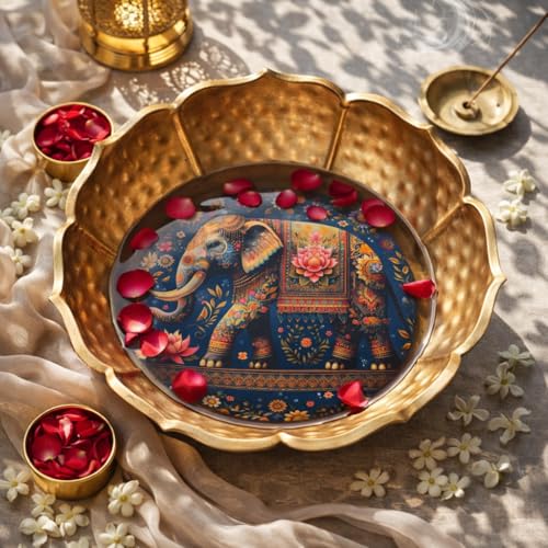 Image of Hammered Golden Lotus Urli Bowl with Royal Elephant Art | Decorative Metal Pooja Urli for Floating Flowers, Festive Decor & Centerpieces | Scalloped Edge Lotus Design