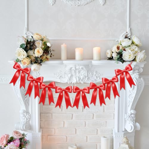 Image of 1 String of 8PCS Red Bow Garland Banner Decoration,Pre-Strung Satin Ribbon Ornaments for Birthday,Bachelorette Party, Bridal Shower,Wedding,Engagement, Baby Shower,Graduation Decor,Valentine's Day