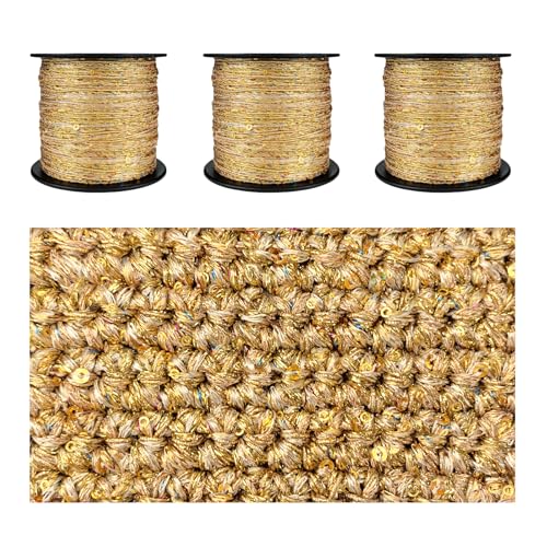 CHENURORA Artisanal Yarn Collection Multifiber Fancy Yarn with Mini Golden Sequins for Knitting Crocheting Crafts DIY Set of 3 Rolls (Gold with Mini Sequins)
