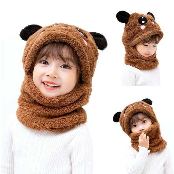 Image of TopiBaaz Cute Panda Cartoon Monkey Cap for Boys and Girls (Pack of 1) | Age - 6 Years to 12 Years |Free Size | Plush Wool | Winter Cap | Neck Scarf