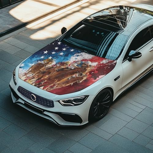 Image of Car Hood Cover Stretchable Auto Hoods Wraps Waterproof American Flag Horse Racing Auto Exterior Accessories for Compact Sedans SUVs Trucks Minivans (59x39 Inch)